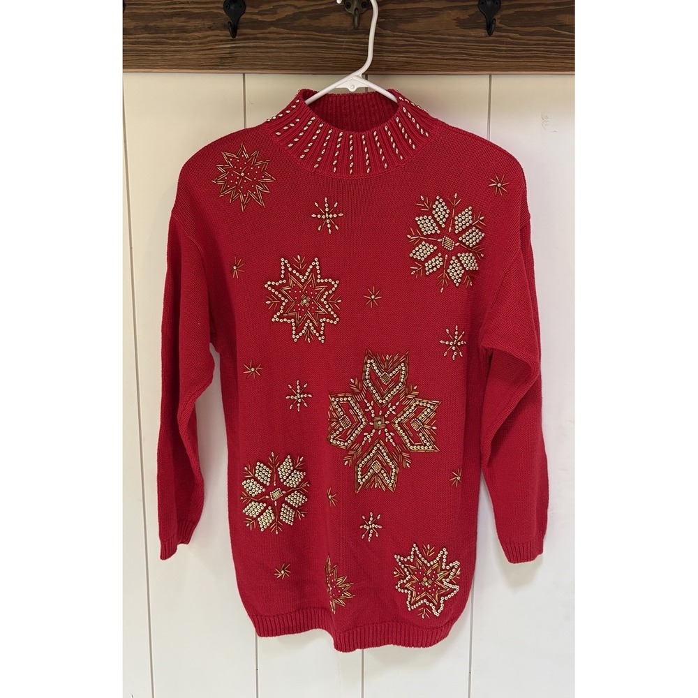 Vintage Victoria Jones Beaded Snowflake Sweater Tunic Red Long Size M Christmas